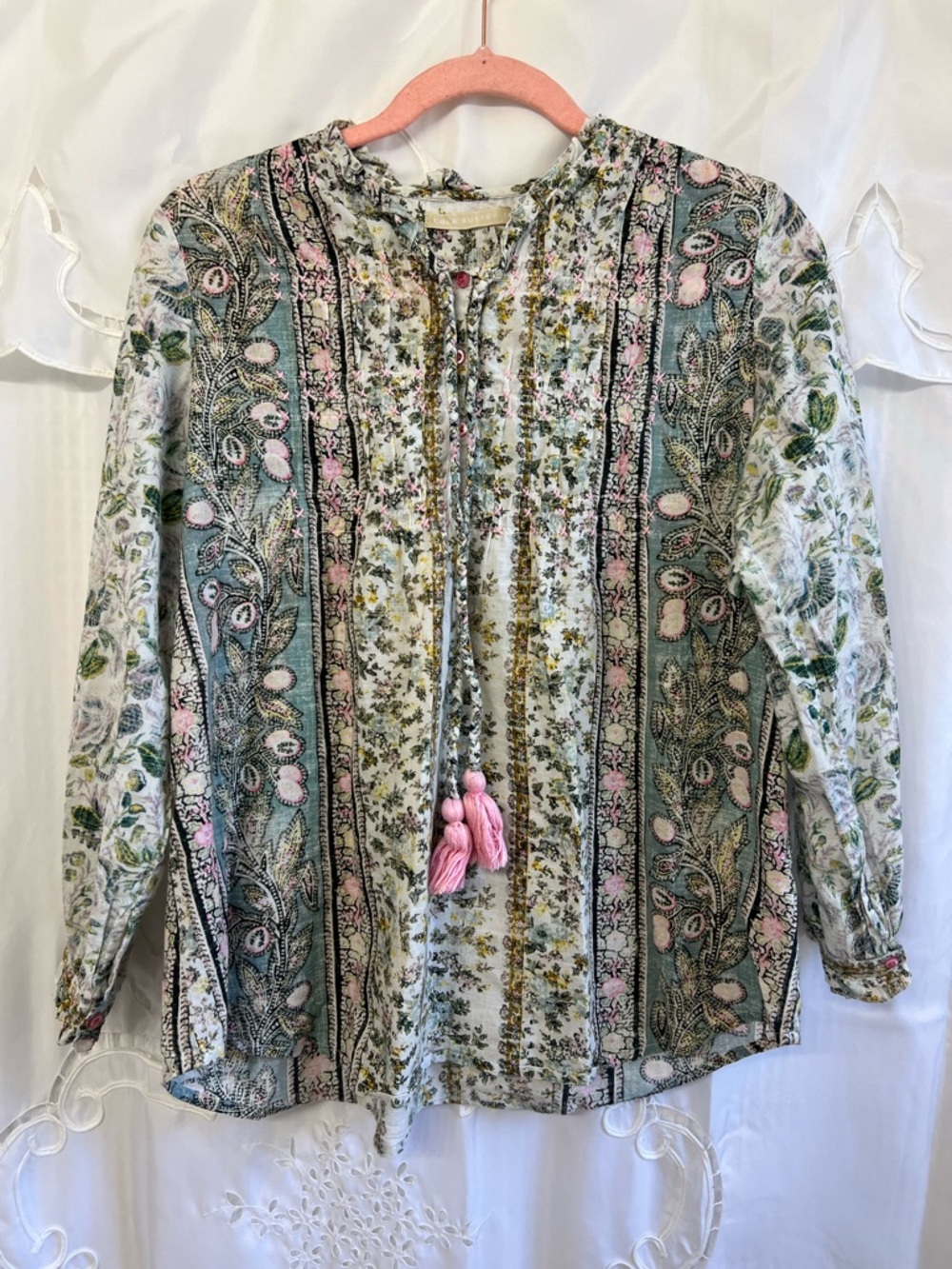 Lola Australia Charlotte Top Boho Floral Tassel Blouse Cotton Pink Green Size M